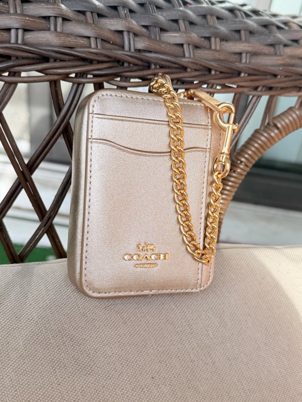 NWT Coach Light Champagne Wallet/Cardcase with Gold Chain